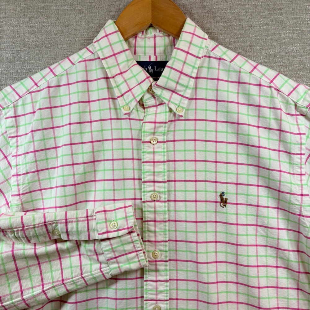 Polo Ralph Lauren Mens 16.5 LG Classic Fit Pastel Shirt Pink Green Check Easter